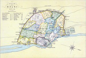 Plan van Delhi 1857-58, gegraveerd door Guyot en Wood, gepubliceerd door William Mackenzie, Edinburgh door English School